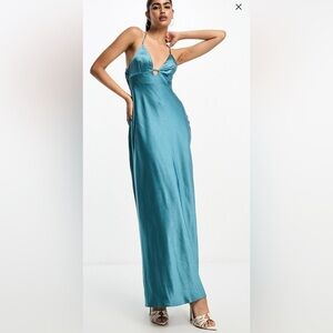 ASOS DESIGN textured satin cami maxi slip dress with bar detail in steel blue